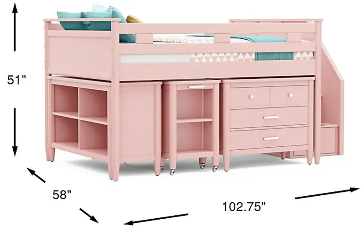 Kids Modern Colors Pink Full Step Loft with Loft Chest, Bookcase and Desk
