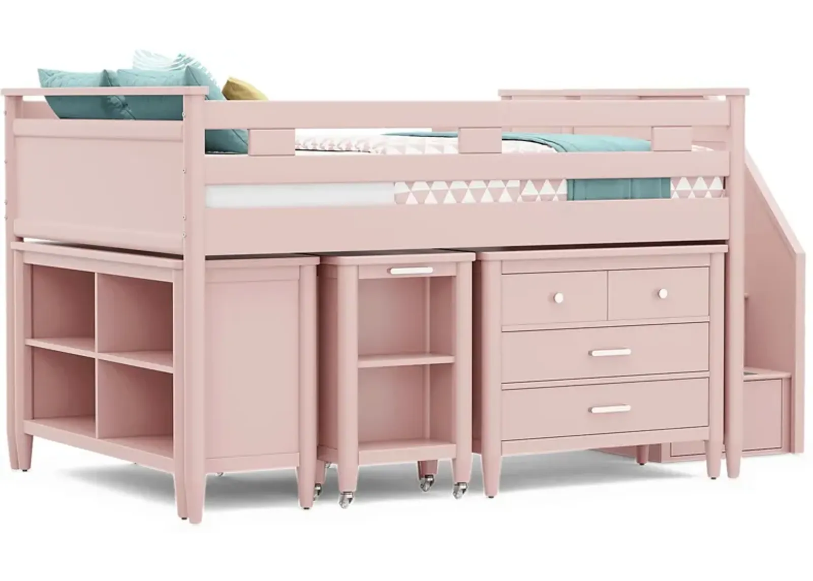 Kids Modern Colors Pink Full Step Loft with Loft Chest, Bookcase and Desk