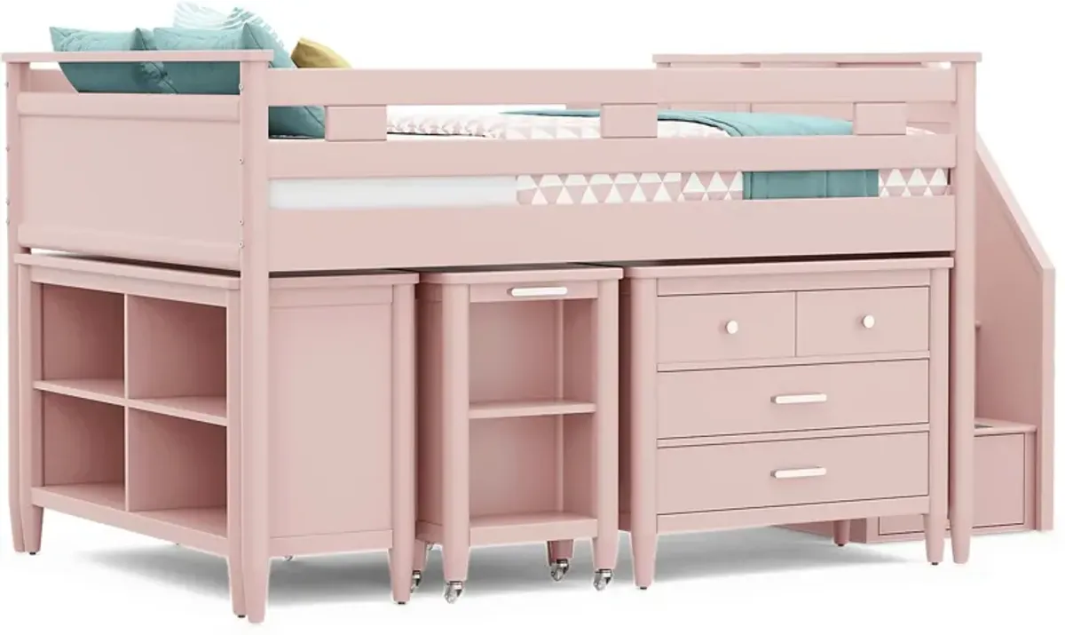 Kids Modern Colors Pink Full Step Loft with Loft Chest, Bookcase and Desk