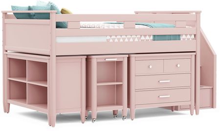 Kids Modern Colors Pink Full Step Loft with Loft Chest, Bookcase and Desk
