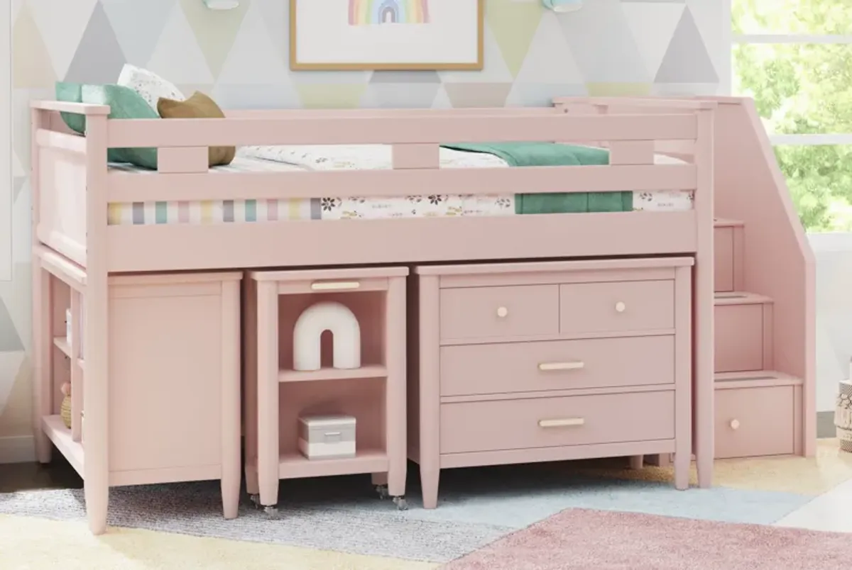 Kids Modern Colors Pink Full Step Loft with Loft Chest, Bookcase and Desk