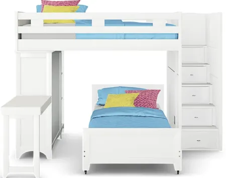 Ivy League 2.0 White Full/Twin Step Bunk with Chest, Bookcase & Desk Attachment