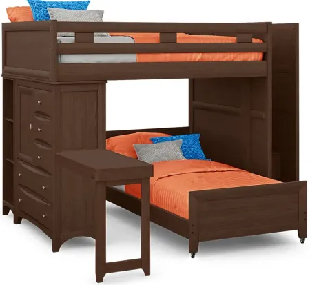 Ivy League 2.0 Walnut Full/Twin Step Bunk with Chest, Bookcase & Desk Attachment