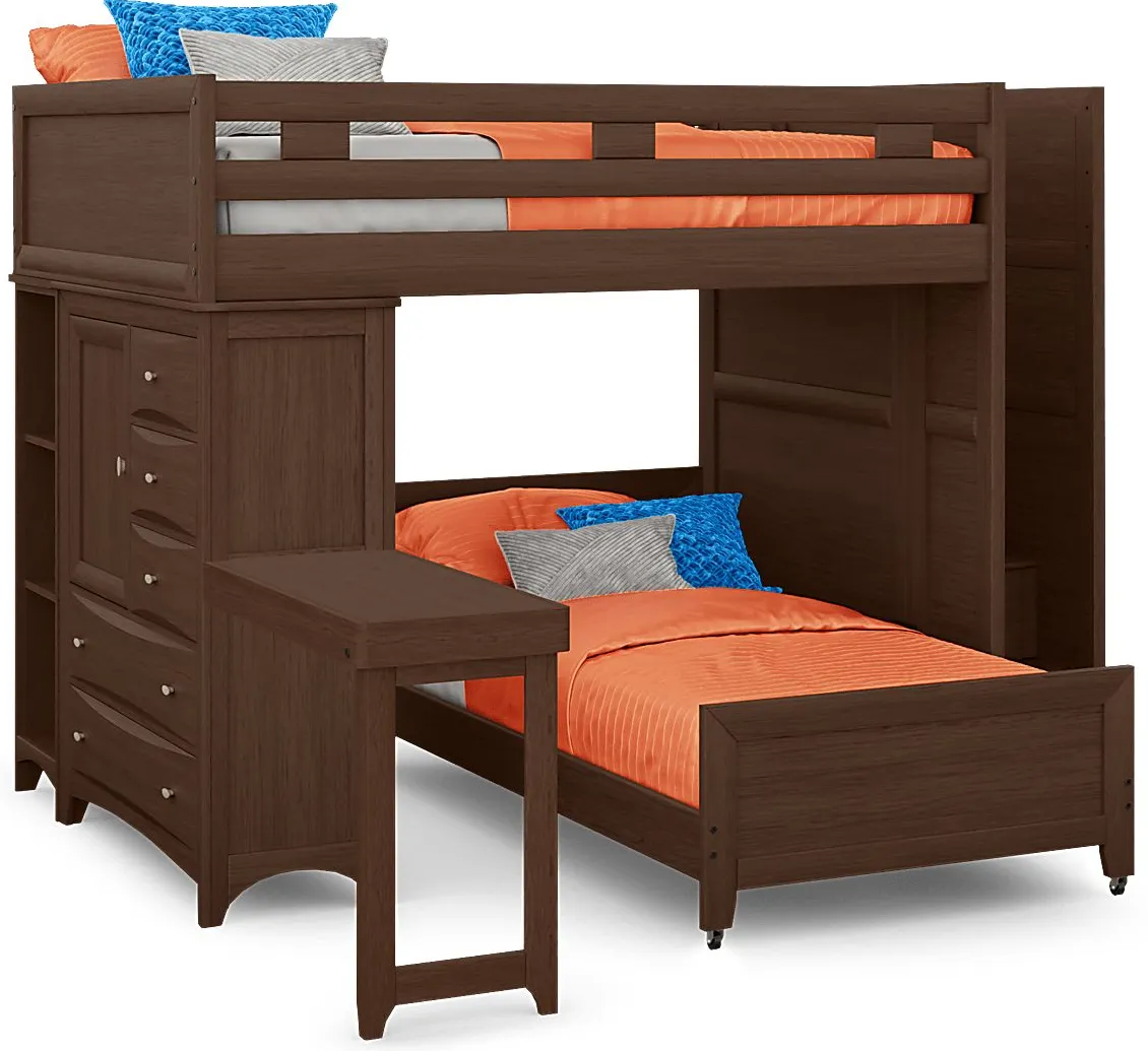 Ivy League 2.0 Walnut Full/Twin Step Bunk with Chest, Bookcase & Desk Attachment