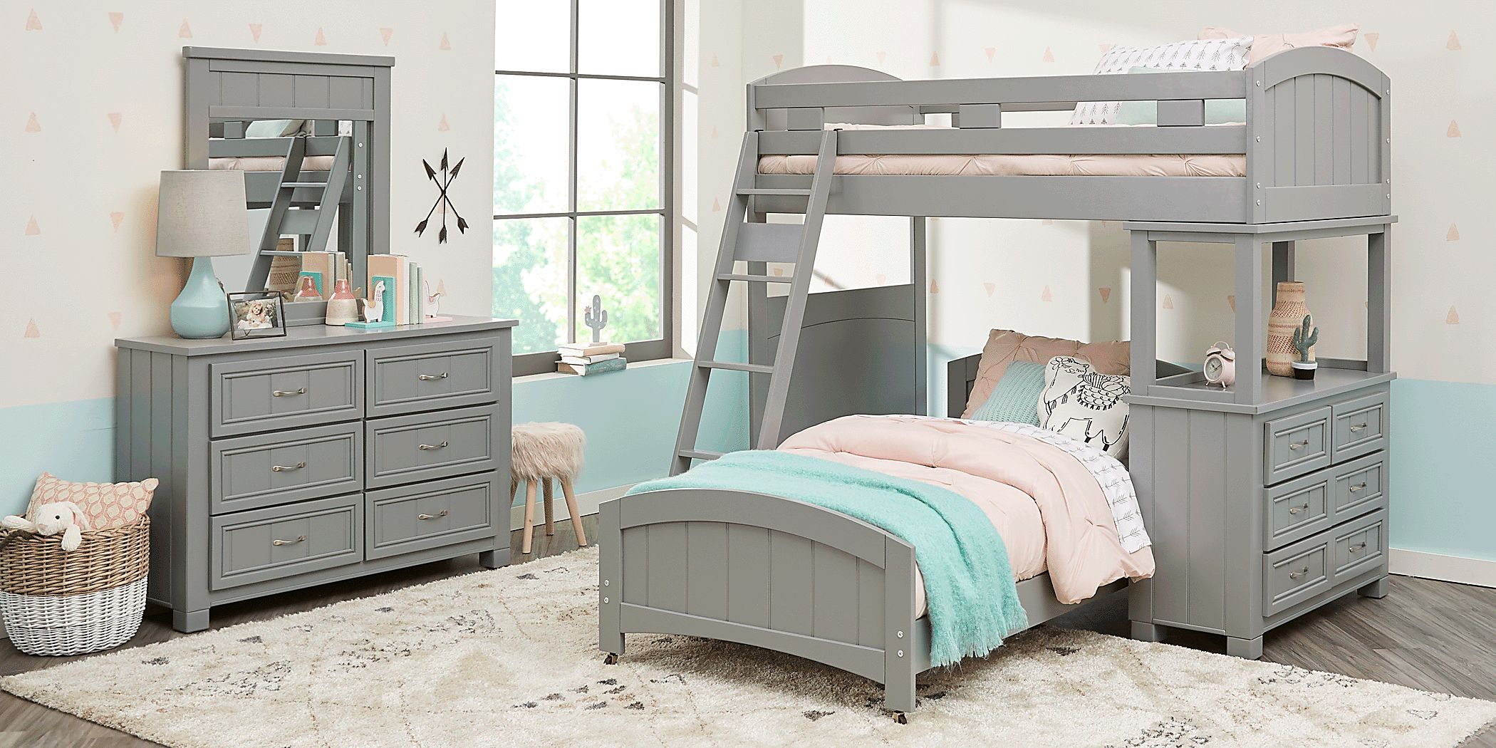 Kids Cottage Colors Gray Twin/Twin Loft Bunk Bed with Dresser