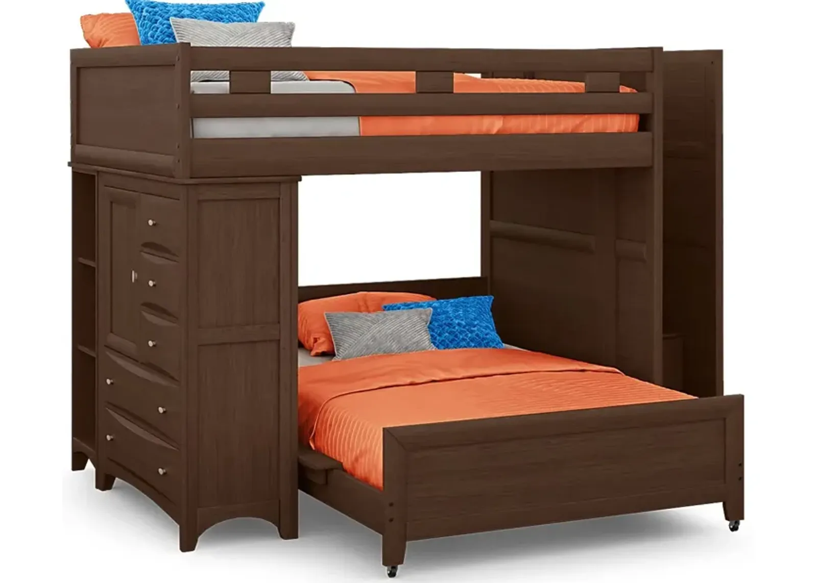 Ivy League 2.0 Walnut Full/Full Step Bunk with Chest and Bookcase