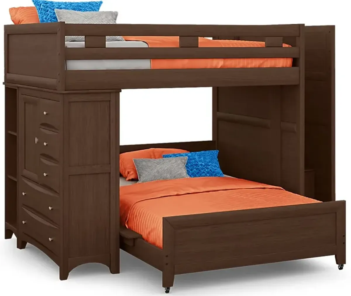 Ivy League 2.0 Walnut Full/Full Step Bunk with Chest and Bookcase