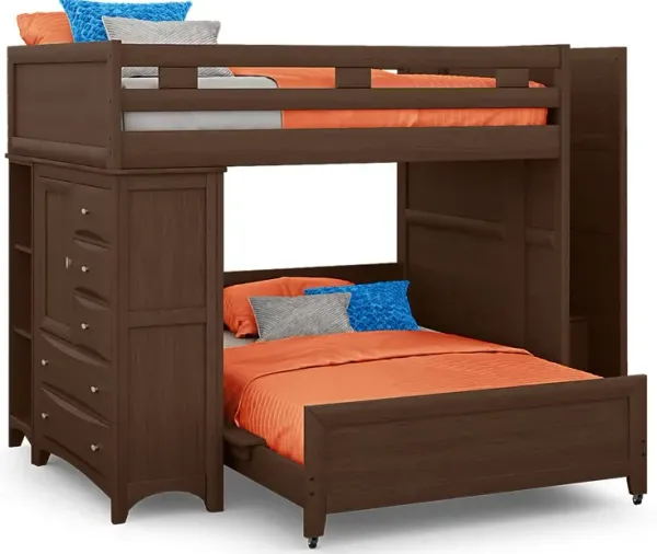 Ivy League 2.0 Walnut Full/Full Step Bunk with Chest and Bookcase