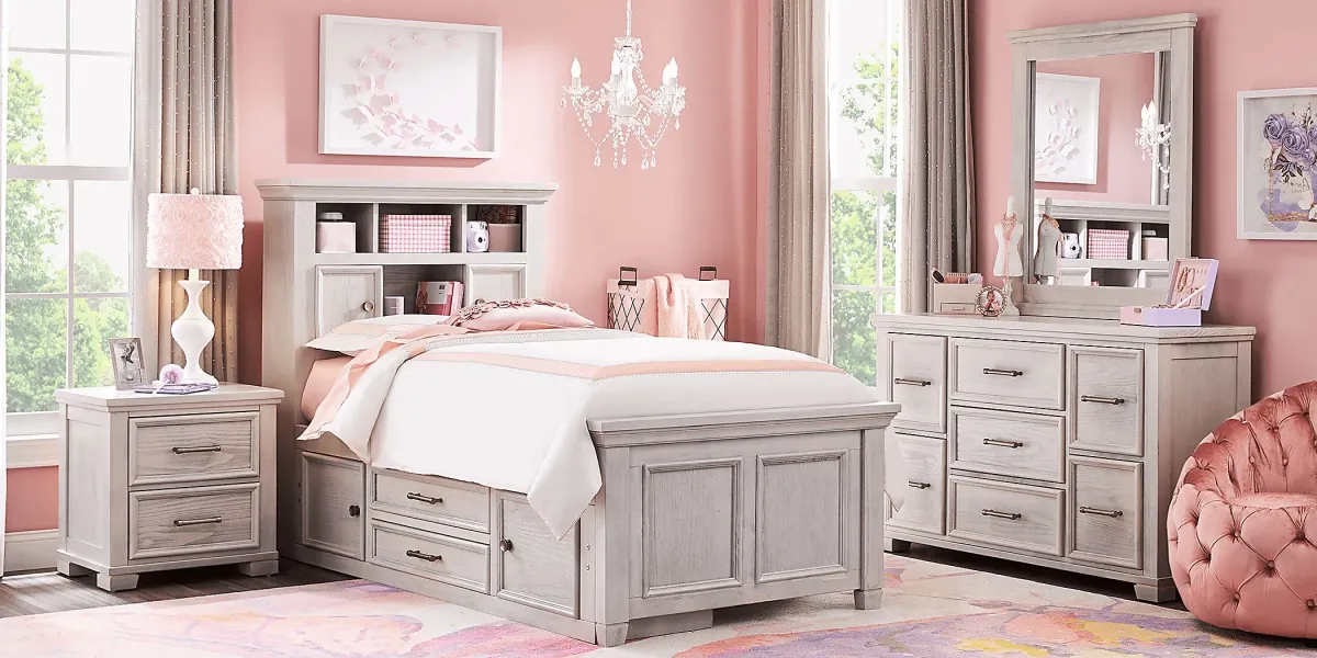 Kids Canyon Lake Ash Gray Twin Bookcase Bedroom with Storage Side Rail