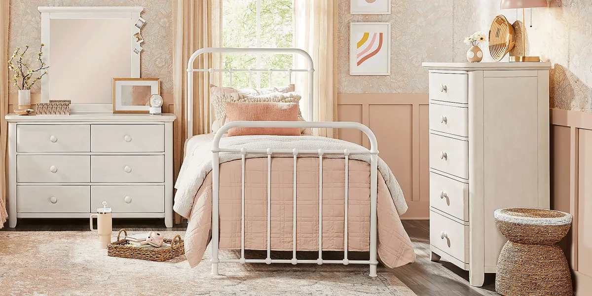 Kids South Bend Washed White 5 Pc Bedroom with Saddlerock White Twin Metal Bed