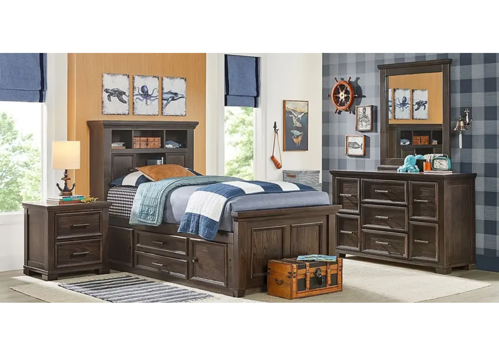 Kids Canyon Lake Java 5 Pc Twin Bookcase Bedroom with 2 Storage Side Rails