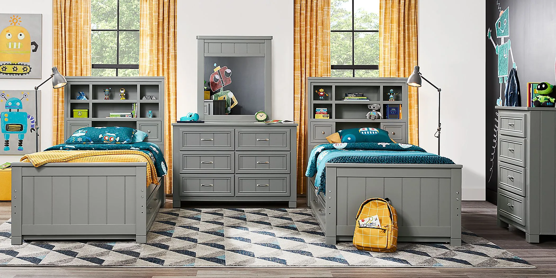 Kids Cottage Colors Gray 8 Pc Twin Bookcase Bedroom