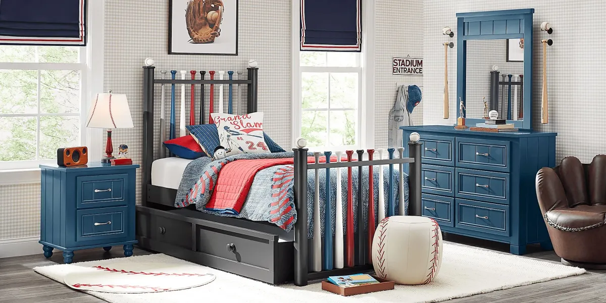 Kids Cottage Colors Navy Bedroom with Batter Up Painted Twin Baseball Bat Bed