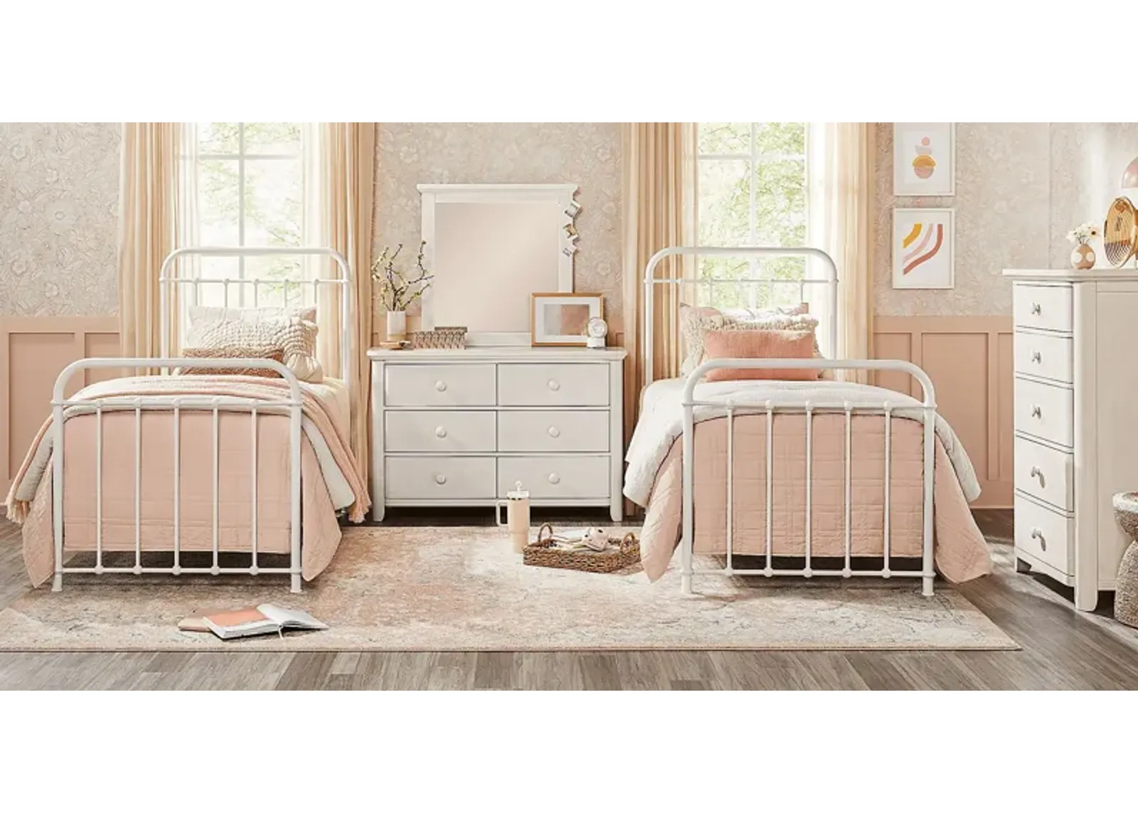 Kids South Bend Washed White 8 Pc Bedroom with 2 Saddlerock White Twin Metal Beds