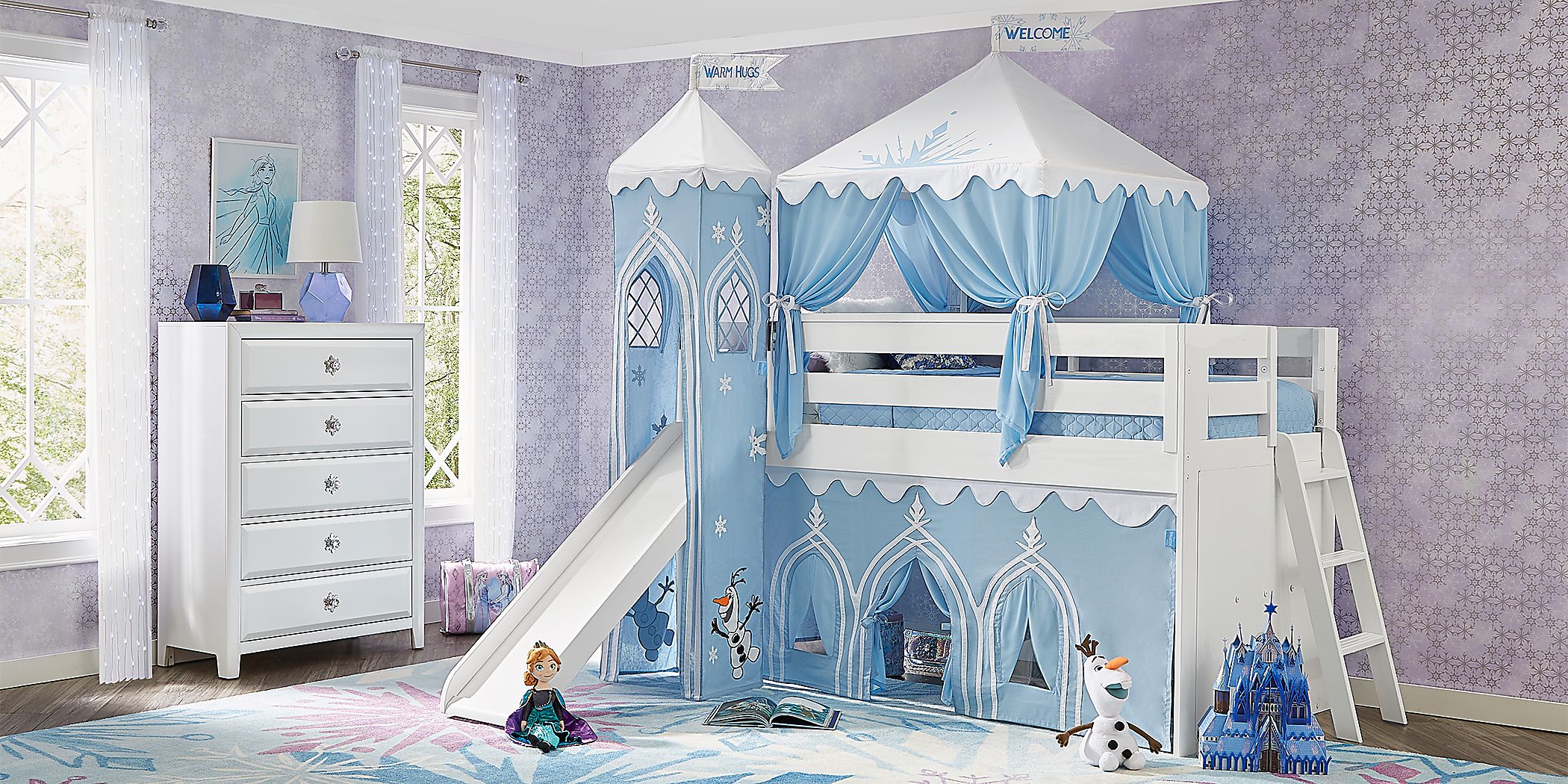 Disney Frozen White Twin Loft Bed with Activity Panel, Tower, Tent and Slide