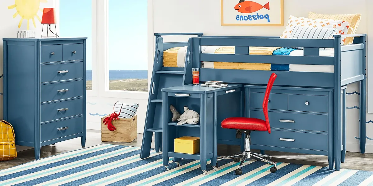 Kids Modern Colors Slate Blue Twin Loft with Loft Chest and Desk