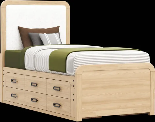 Kids Hidden Hills Light Oak Twin Upholstered Panel Bed with 2 Storage Side Rails