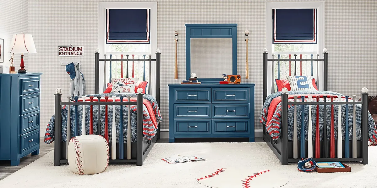 Kids Cottage Colors Navy 8 Pc Bedroom with 2 Batter Up Painted Twin Baseball Bat Beds