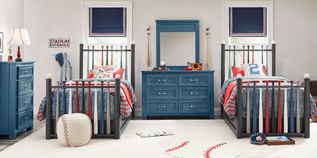 Kids Cottage Colors Navy 8 Pc Bedroom with 2 Batter Up Painted Twin Baseball Bat Beds