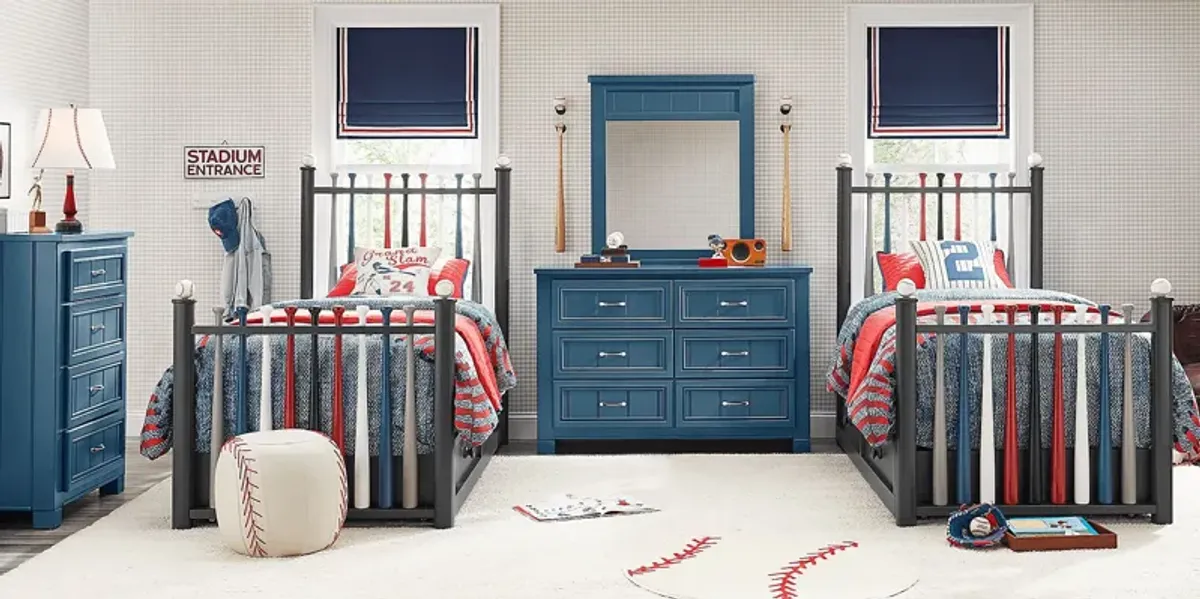 Kids Cottage Colors Navy 8 Pc Bedroom with 2 Batter Up Painted Twin Baseball Bat Beds