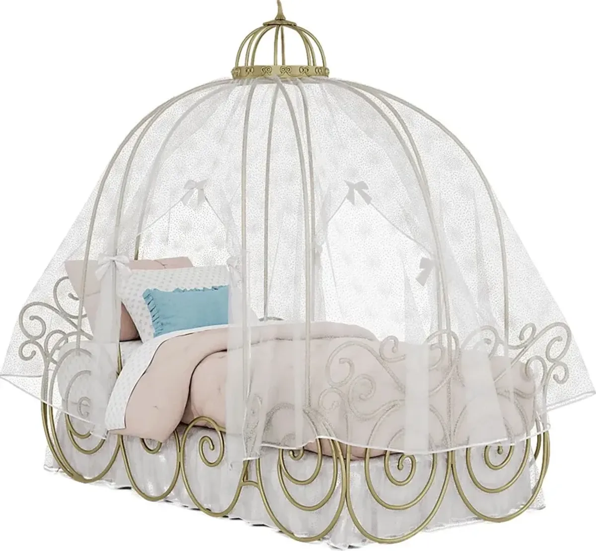 Disney Princess Royal Gold Twin Carriage Bed with White Canopy and Bed Skirt