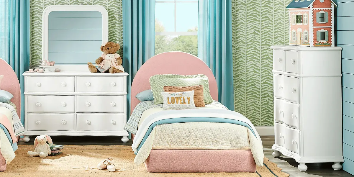 Kids San Simeon White Bedroom with Moonstone Pink Twin Upholstered Bed