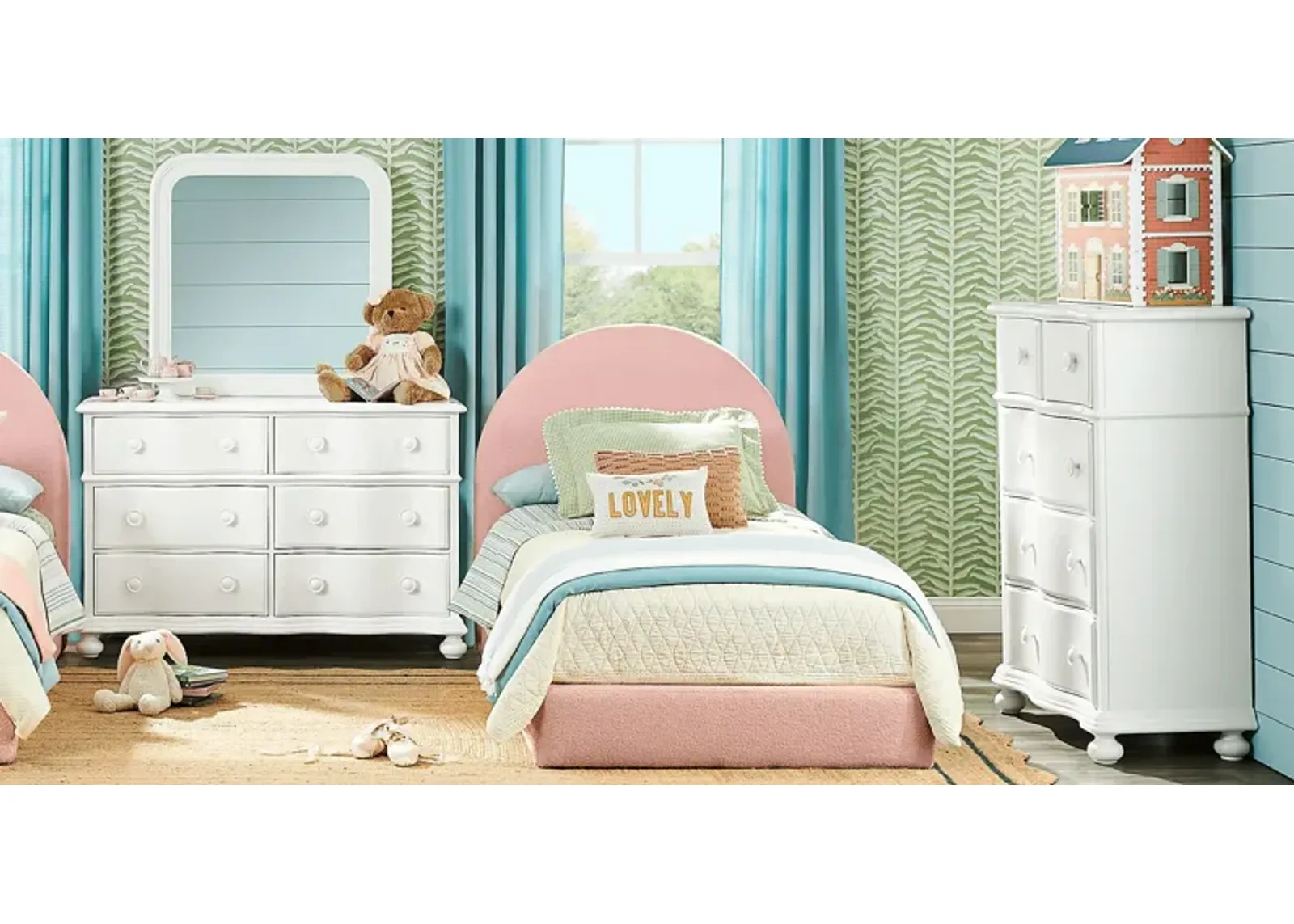 Kids San Simeon White 5 Pc Bedroom with Moonstone Pink Twin Upholstered Bed