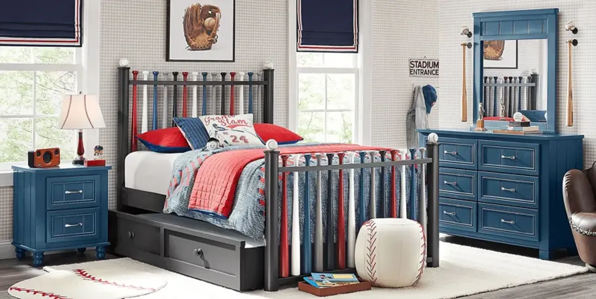 Kids Cottage Colors Navy 5 Pc Bedroom with Batter Up Painted Full Baseball Bat Bed