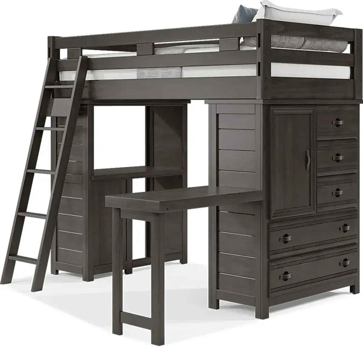 Kids Creekside 2.0 Charcoal Twin Loft with Loft Desk, Chest and Desk Attachment