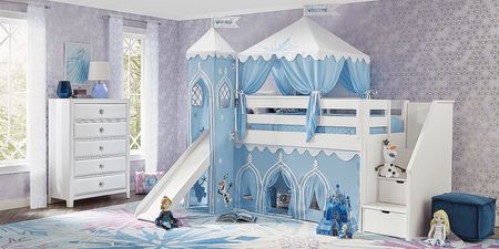 Disney Frozen White Twin Step Loft Bed with Activity Panel, Tower, Tent and Slide