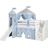 Disney Frozen White Twin Step Loft Bed with Activity Panel, Tower, Tent and Slide