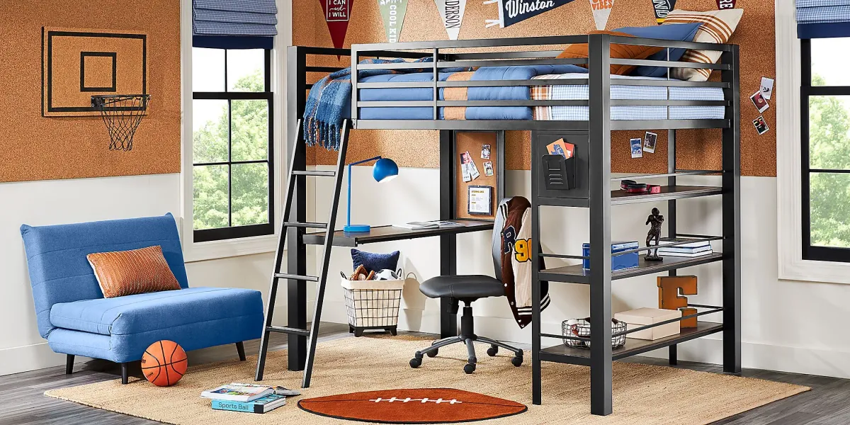 Kids Colefax Avenue Dark Gray Full Loft Bed with Desk and Bookcase