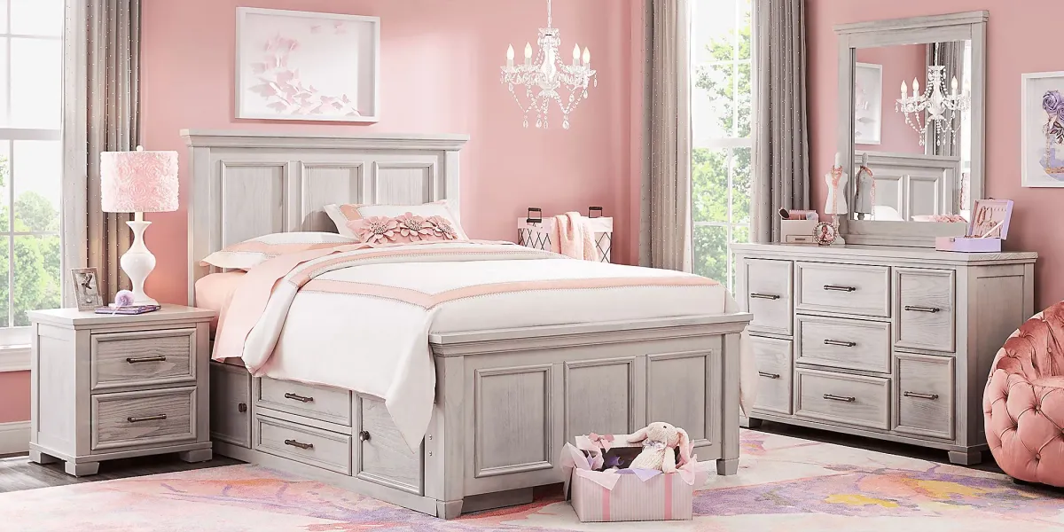 Kids Canyon Lake Ash Gray Full Panel Bed with Storage Side Rail