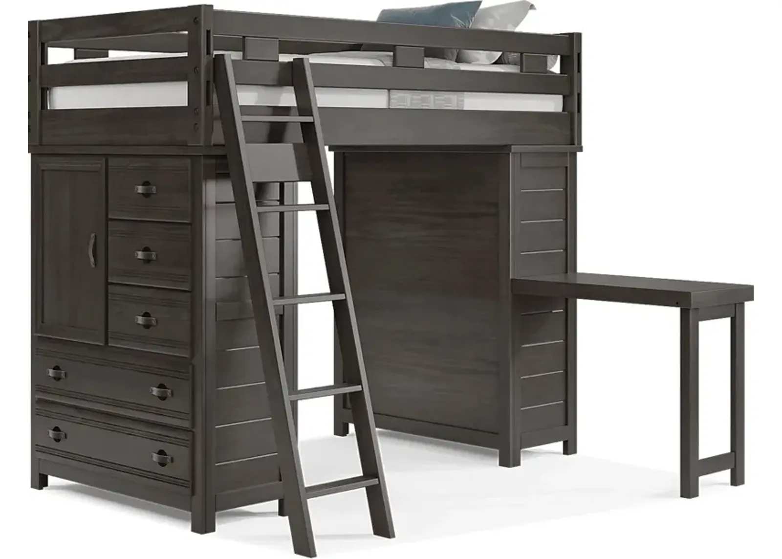 Kids Creekside 2.0 Charcoal Twin Loft with 2 Loft Chests and Desk Attachment