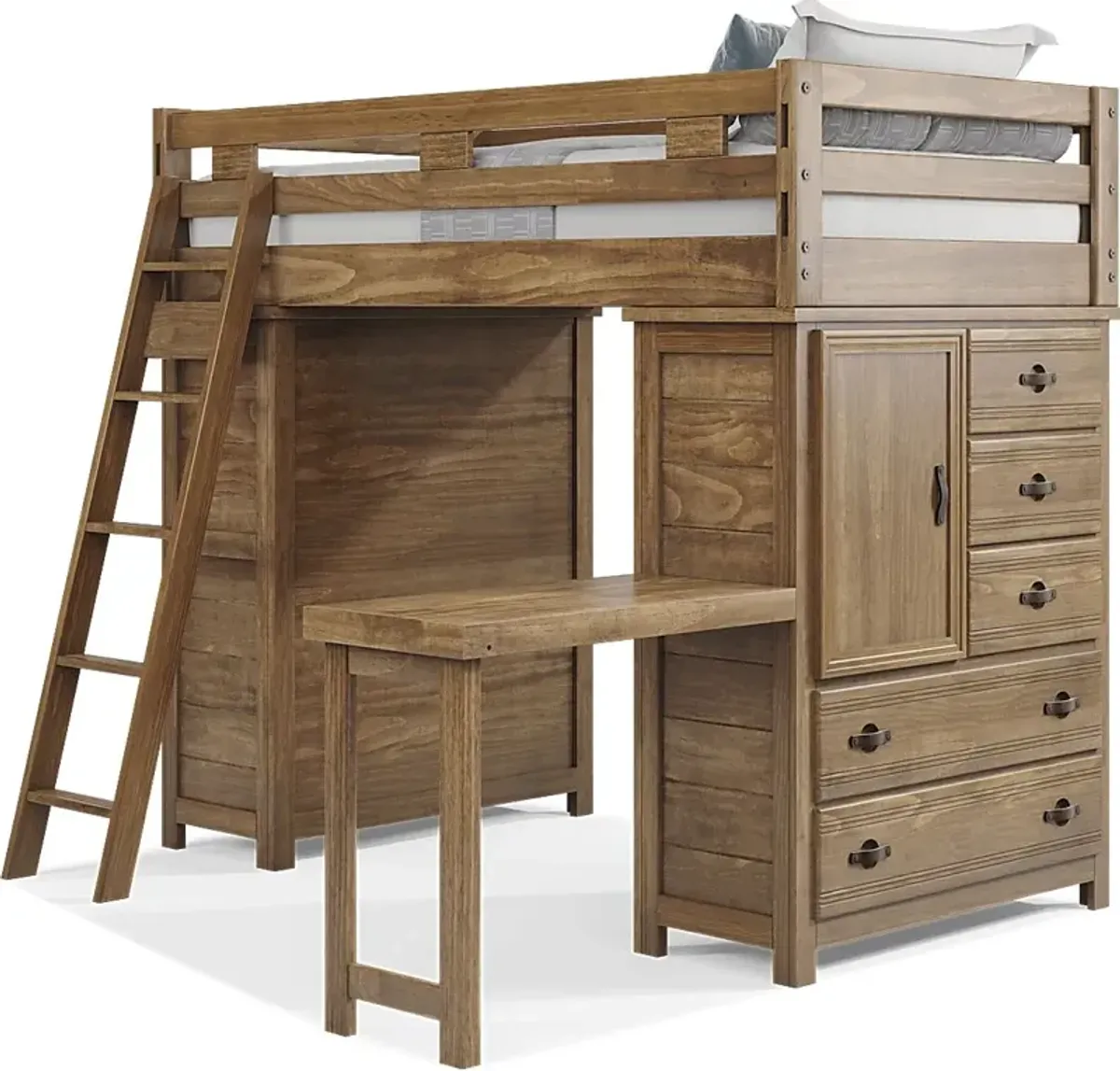 Kids Creekside 2.0 Chestnut Twin Loft with 2 Loft Chests and Desk Attachment