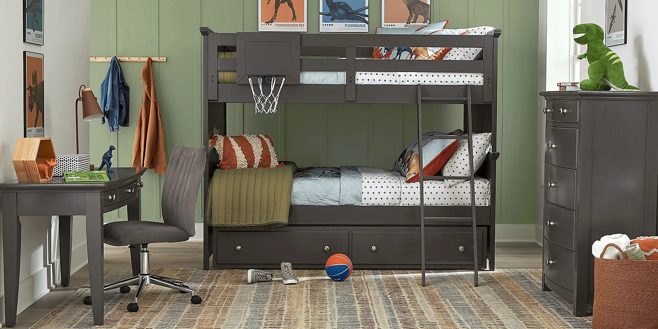 Kids Santa Cruz Gray Full/Full Bunk Bed with Basketball Hoop