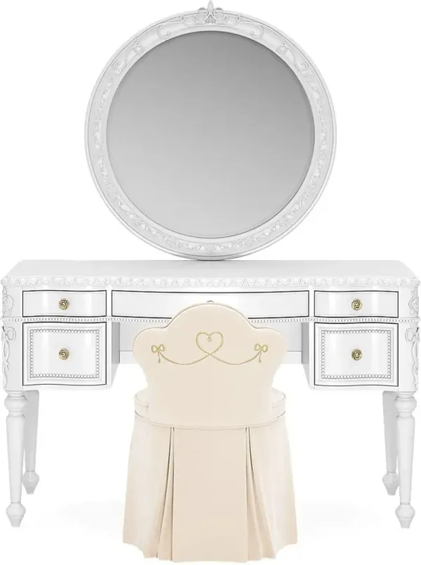 Disney Princess Sparkle White Desk with Round Mirror and Vanity Chair