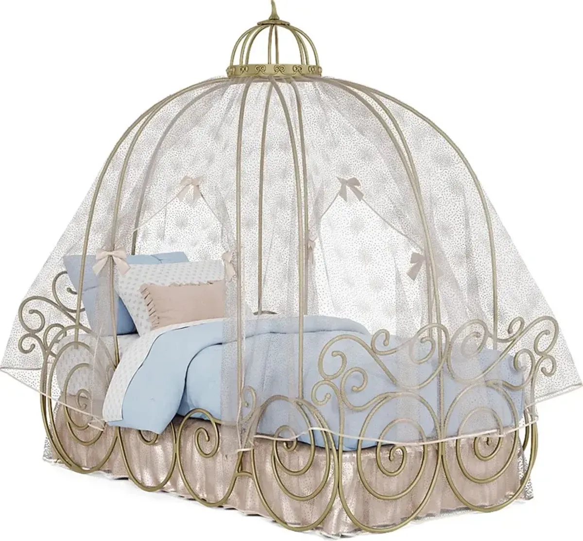 Disney Princess Royal Gold Twin Carriage Bed with Pink Canopy and Bed Skirt