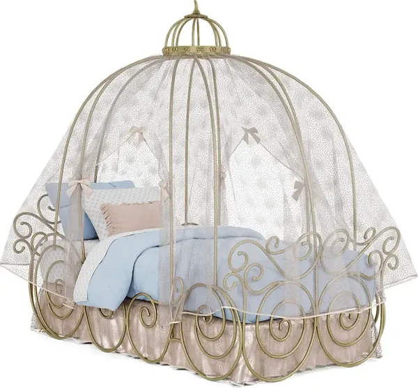 Disney Princess Royal Gold Twin Carriage Bed with Pink Canopy and Bed Skirt