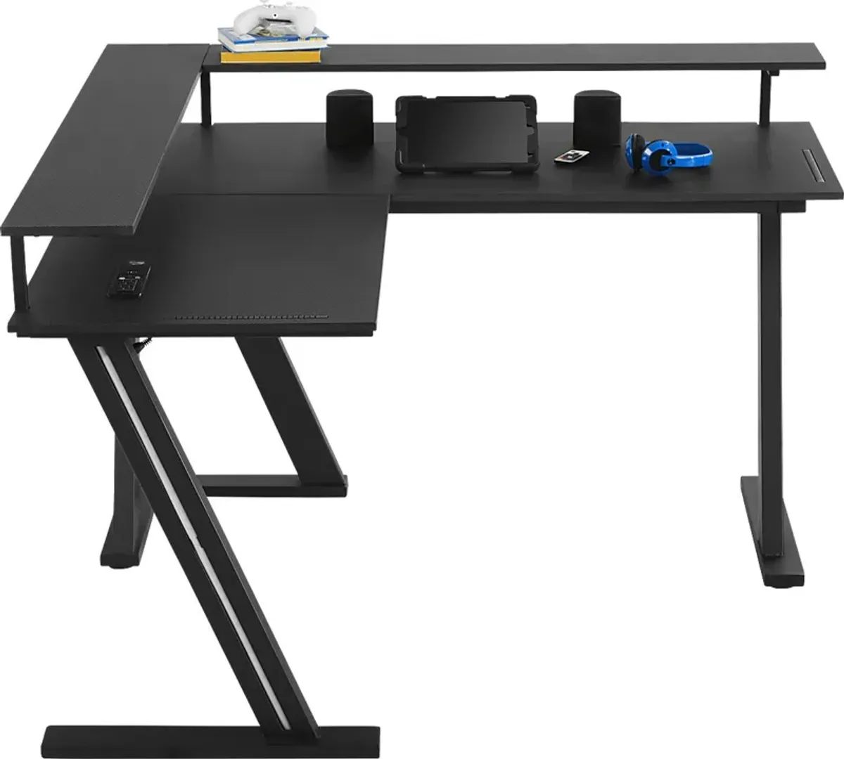 Kids Carbon Optix Black L-Shaped Computer Desk with LED Lights