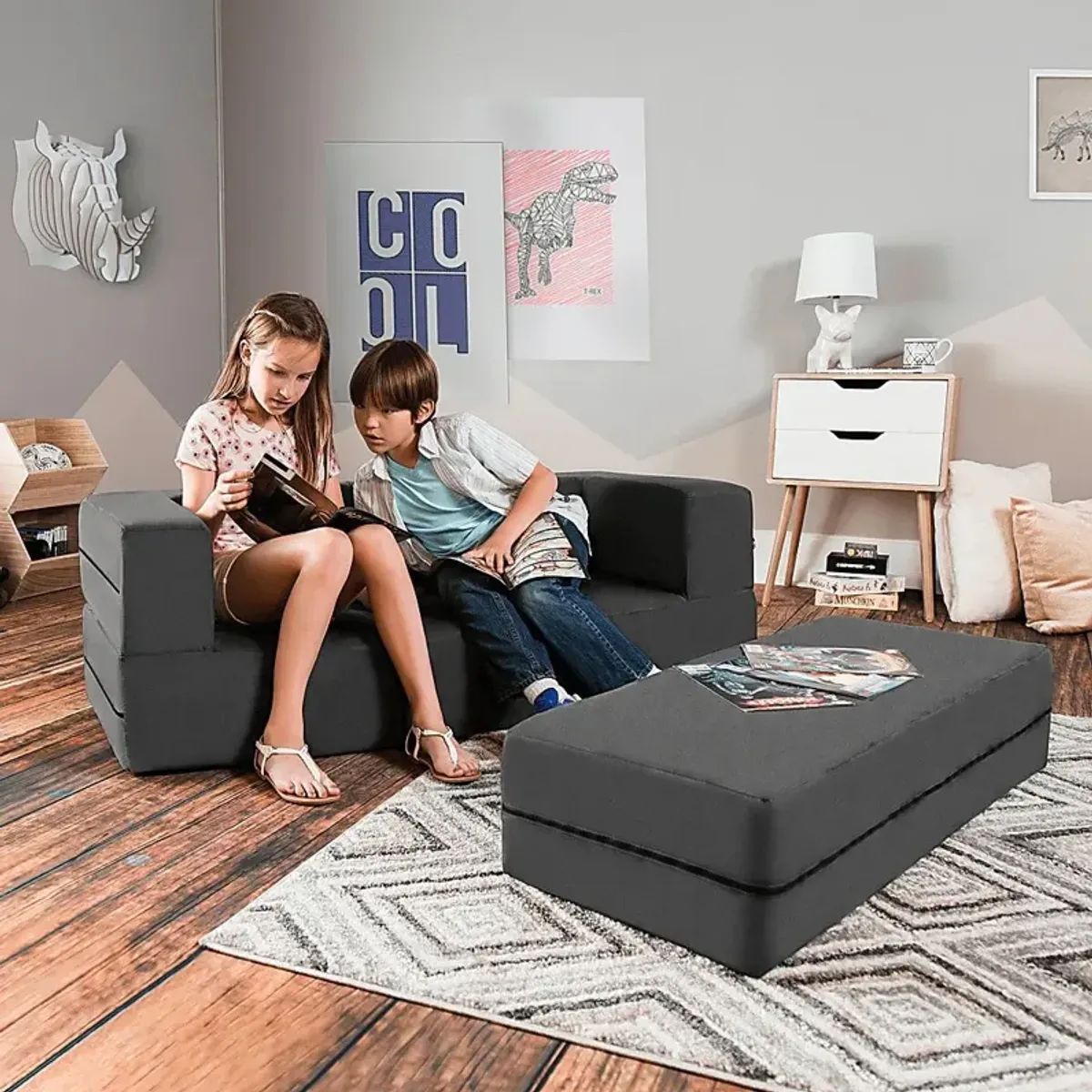 Kids Cubex Gray Convertible Sofa and Ottoman