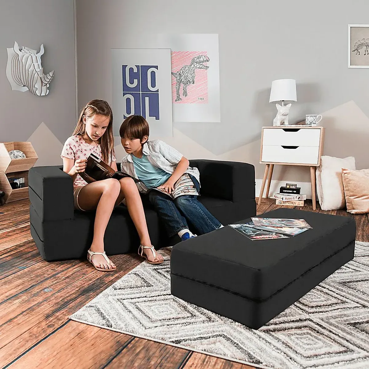 Kids Cubex Black Convertible Sofa and Ottoman