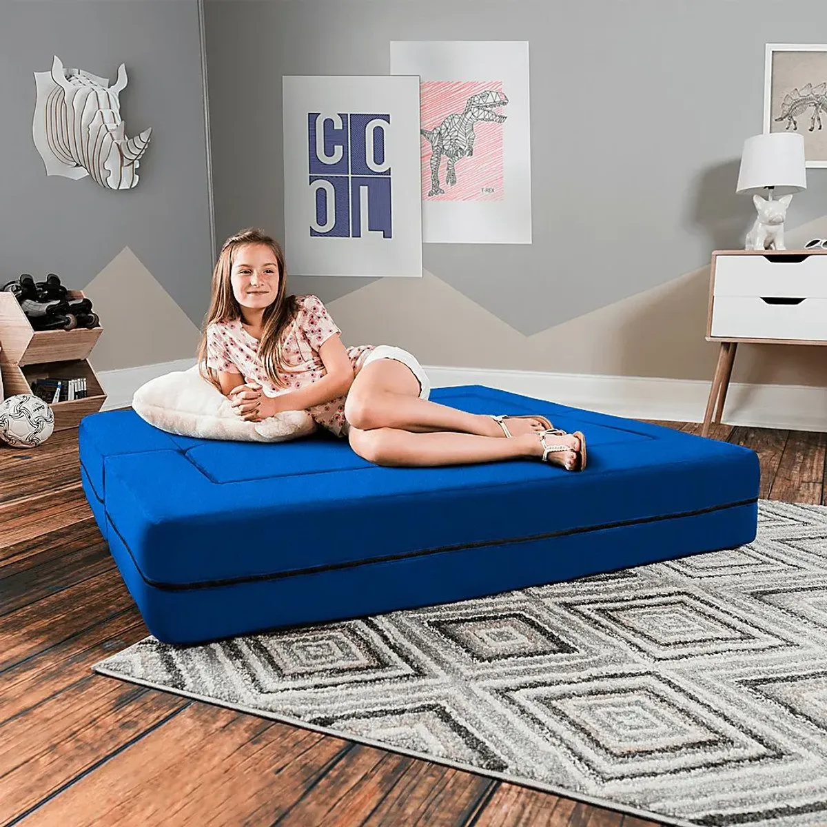 Kids Cubex Blue Convertible Sofa and Ottoman