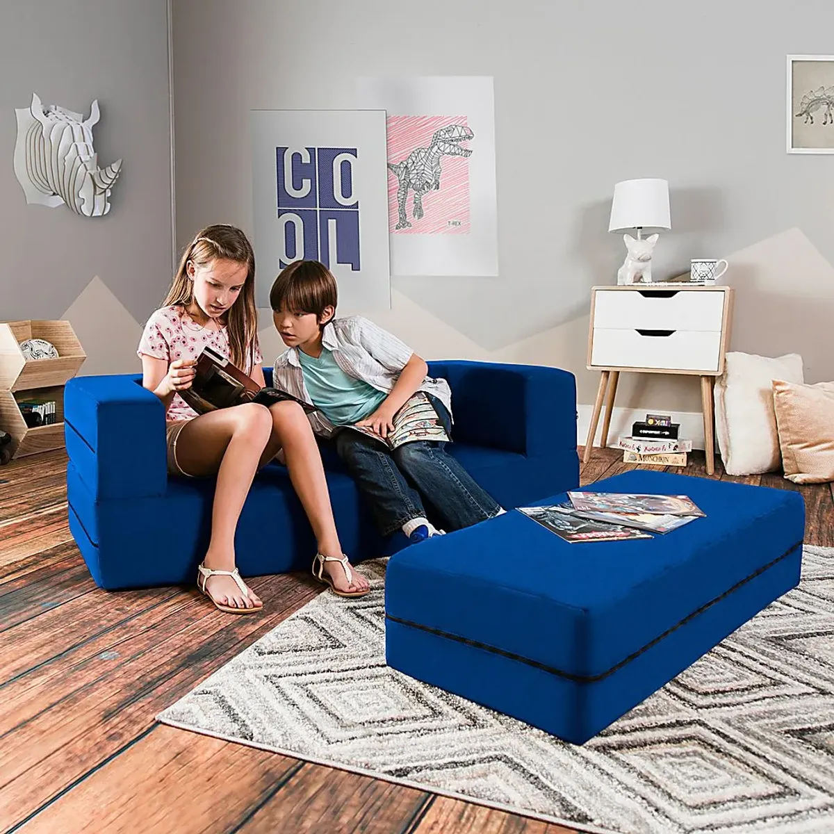 Kids Cubex Blue Convertible Sofa and Ottoman