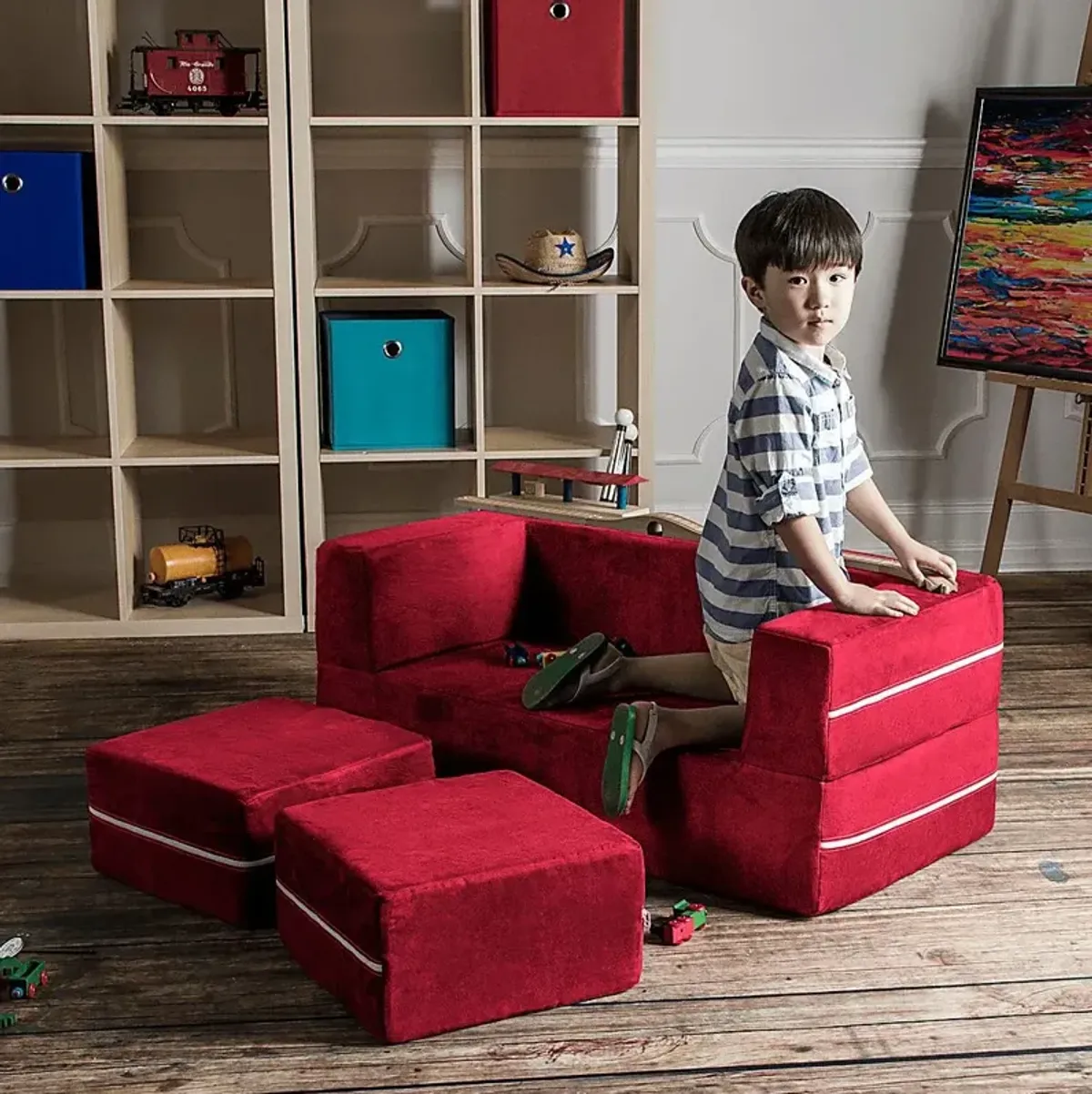 Kids Cubblie Red Convertible Loveseat and Ottoman