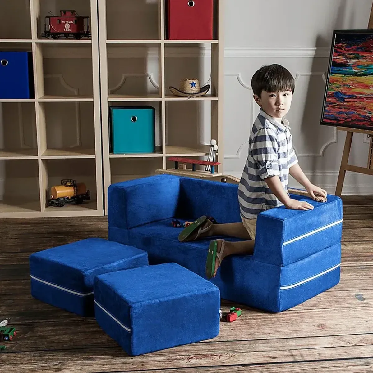 Kids Cubblie Blue Convertible Loveseat and Ottoman