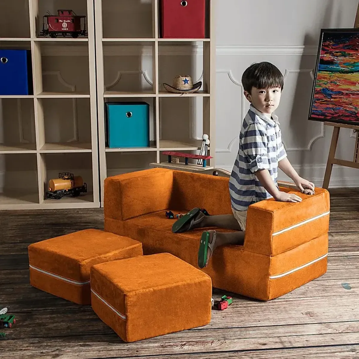 Kids Cubblie Orange Convertible Loveseat and Ottoman