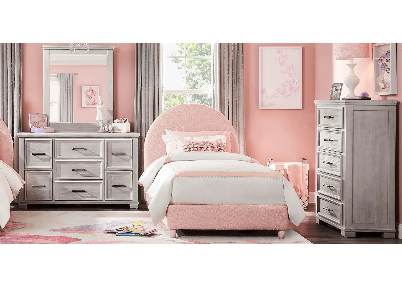 Kids Canyon Lake Ash Gray 5 Pc Bedroom with Moonstone Pink Twin Upholstered Bed