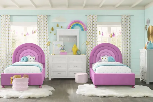 Kids Cottage Colors White Bedroom with Rainbow Joy Pink Twin Beds