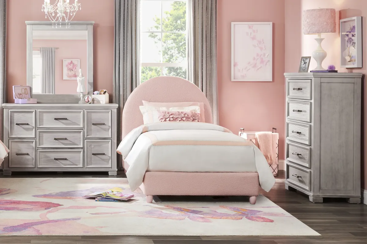 Kids Canyon Lake Ash Gray Bedroom with Moonstone Pink Full Upholstered Bed